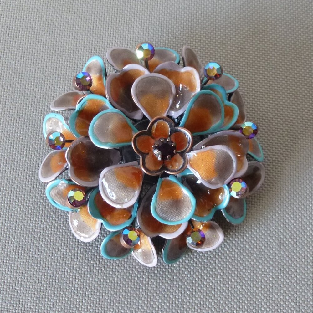 Brooch-flower Сopper Orange Turquoise with crystals